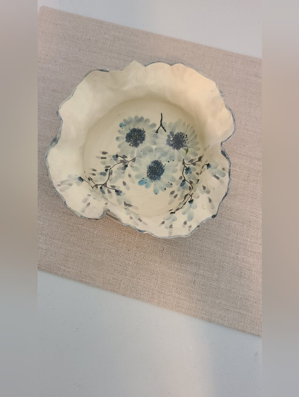 Pottery Trinket Dish Floral Blue & White Made In Greece 1983 Artist Signed